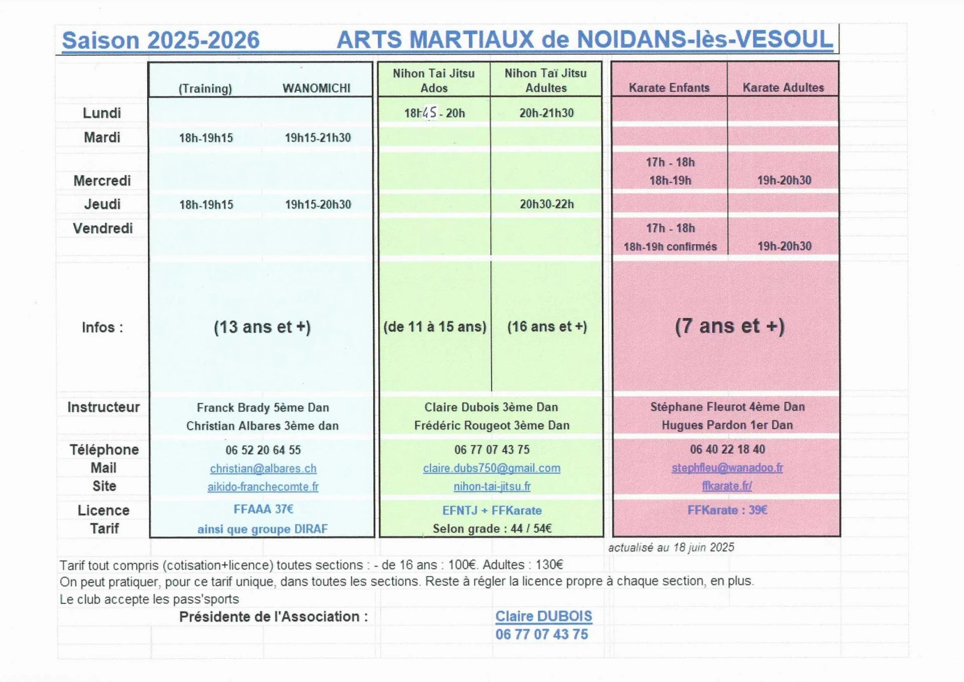 Horaires club saison 2025 2026